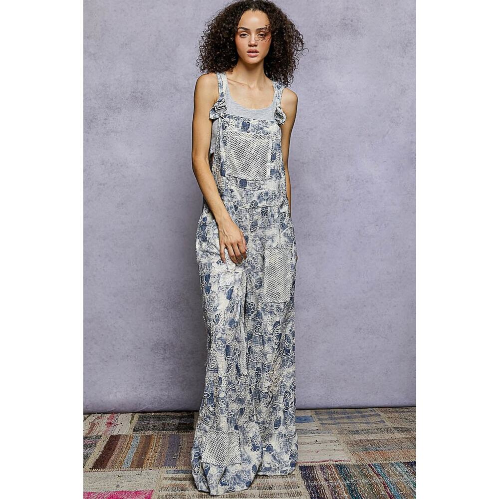 "Daisy Chain" Floral Embroidered Overalls in Blue